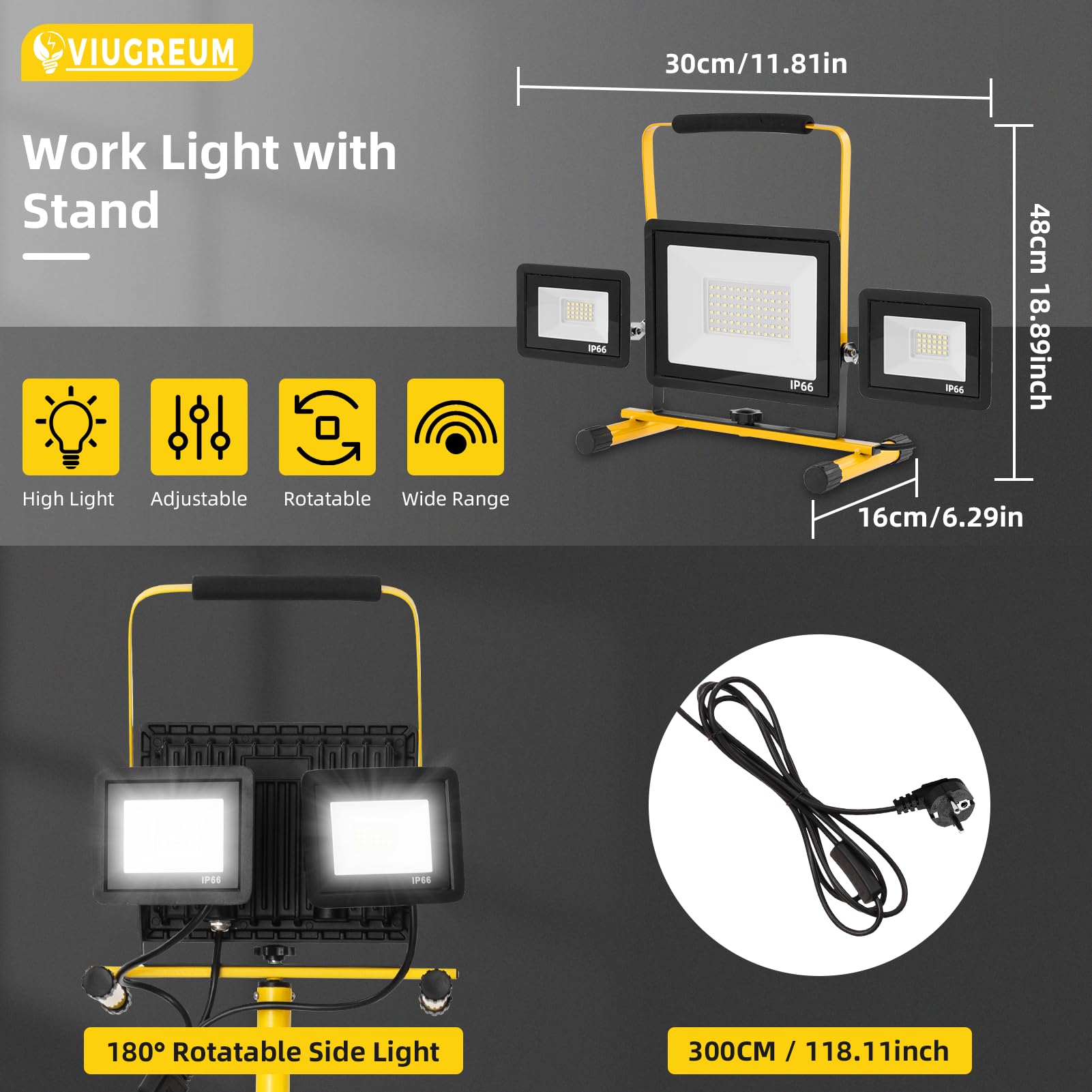 Viugreum Foco de Trabajo LED 100W con Trípode,Lámpara de Exterior de Tres Cabezales con Enchufe Cable de 3M, IP65 Impermeable Luz de Trabajo con 6500K Blanco Brillante, Foco LED para Obras,Jardines