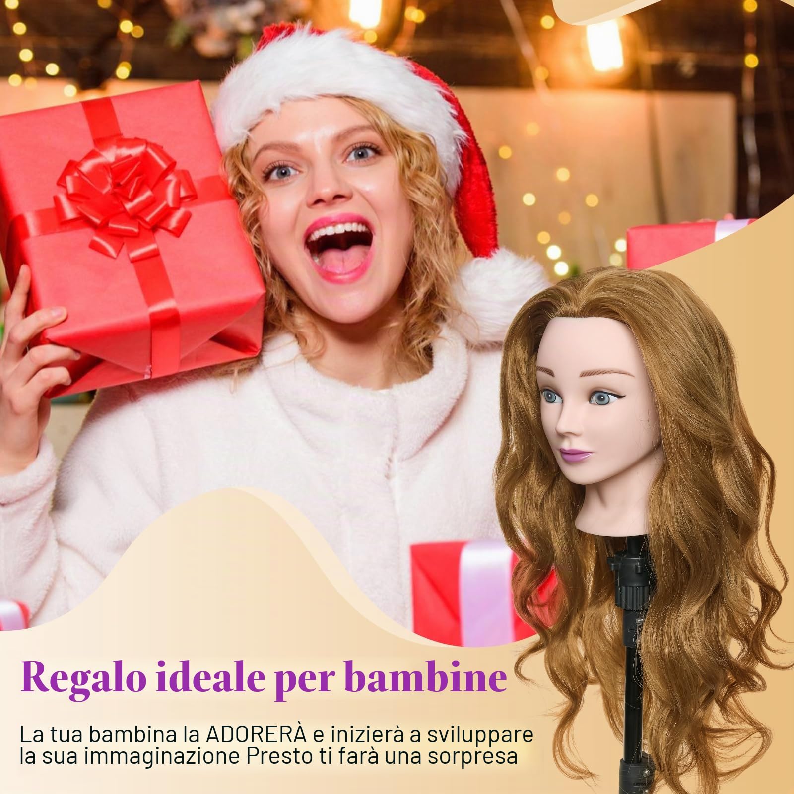 Testa per Parrucchieri 24" Capelli Veri Testina Parrucchiere con Morsetto DIY Hair Styling Tools