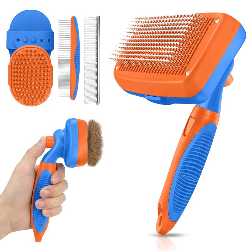 Kit de Escovas para Cães e Gatos AUSRKI com Escova Autolimpante e Pentes de Desembaraço, Azul-Laranja, 5 peças