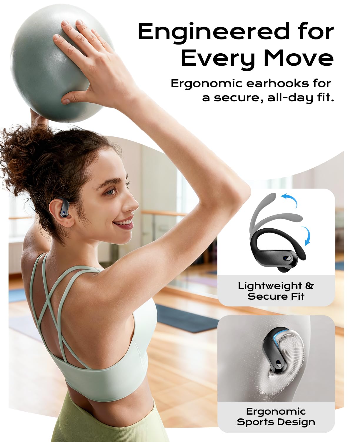 Auricolari wireless Bluetooth 5.3 sportivi con ganci, auricolari impermeabili IPX7, auricolari 48 ore di riproduzione, leggeri 7,8 g, microfono con cancellazione del rumore, cuffie Bluetooth per corsa