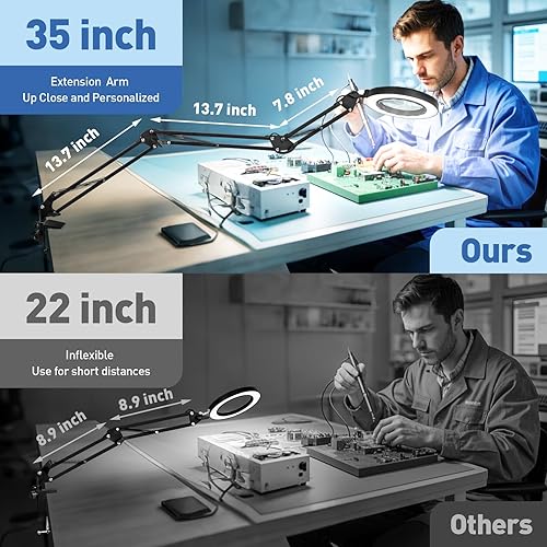 Miniatura 3 de HITTI Lupa ultra larga de 12 veces con luz y abrazadera, 5 modos de color, lámpara de escritorio con atenuación continua, luz de banco de trabajo