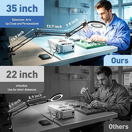 HITTI HITTI Ultra Long 12X Magnifying Glass with Light and Clamp, 5 Color Modes Steepless Dimming Desk Lamp, Swivel Arm Workbench Light, Hands Free Lighted Magnifier Stand for Craft Reading Soldering photo 3