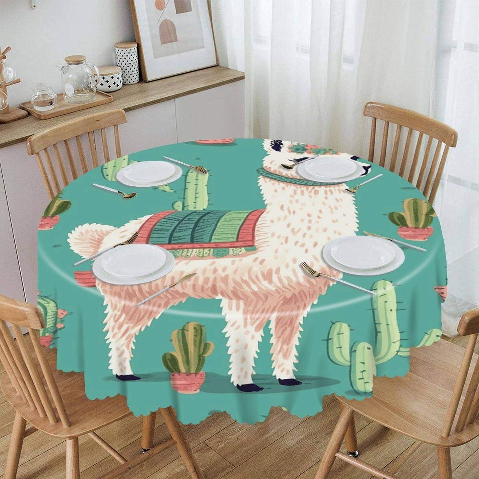 VstaDank Alpaca Cactus Round Tablecloth 60 Inch Easy to Clean Circle Table Cover Thick Decorative Round Polyester Table Cloth for Dining Kitchen Party Farmhouse Outdoor