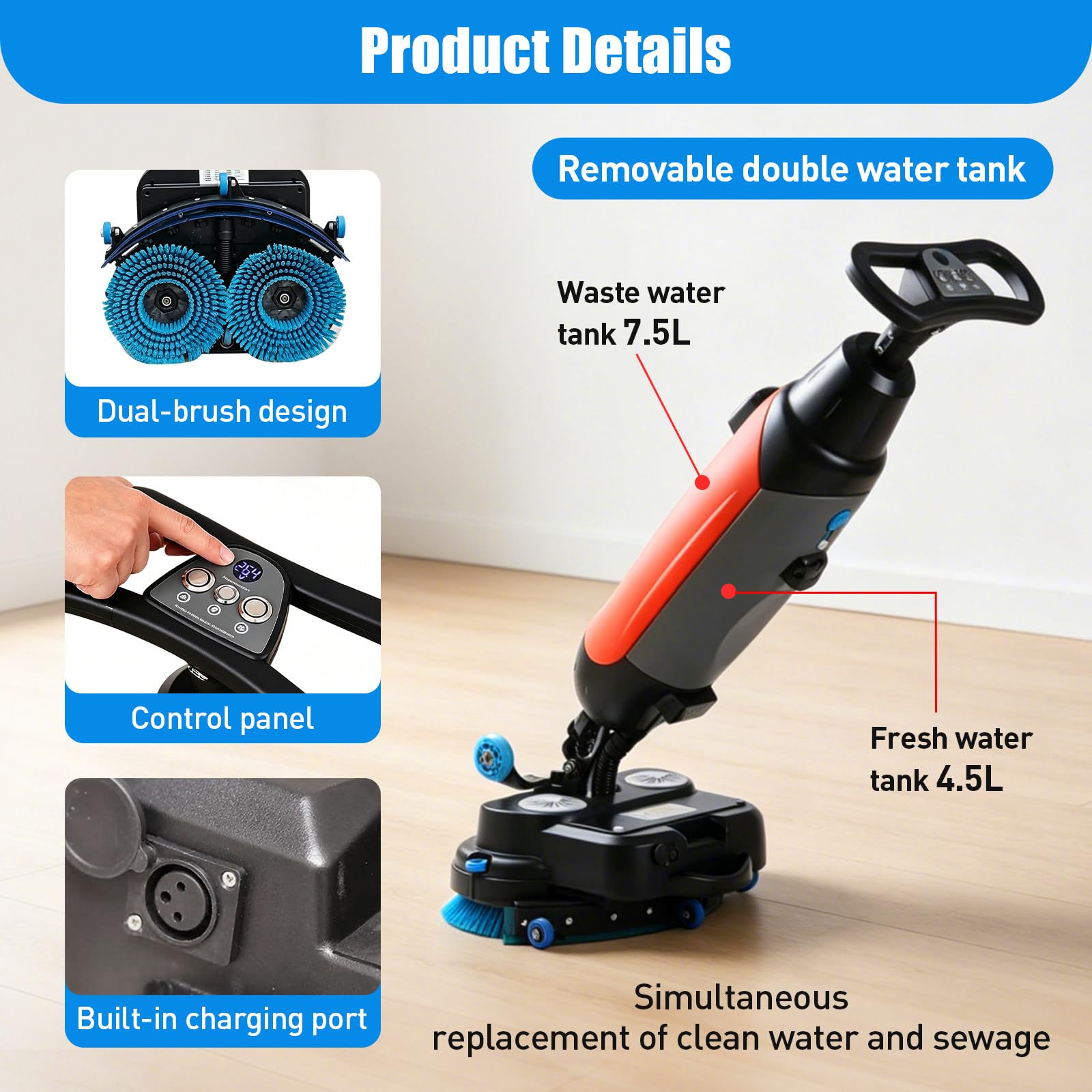 Fregadora de Suelos Comercial, Ancho de fregado de 43 cm, Cepillo Doble Giratorio de 360°, Autonomía de 100 min, para oficinas, Tiendas, escuelas y Edificios comerciales.