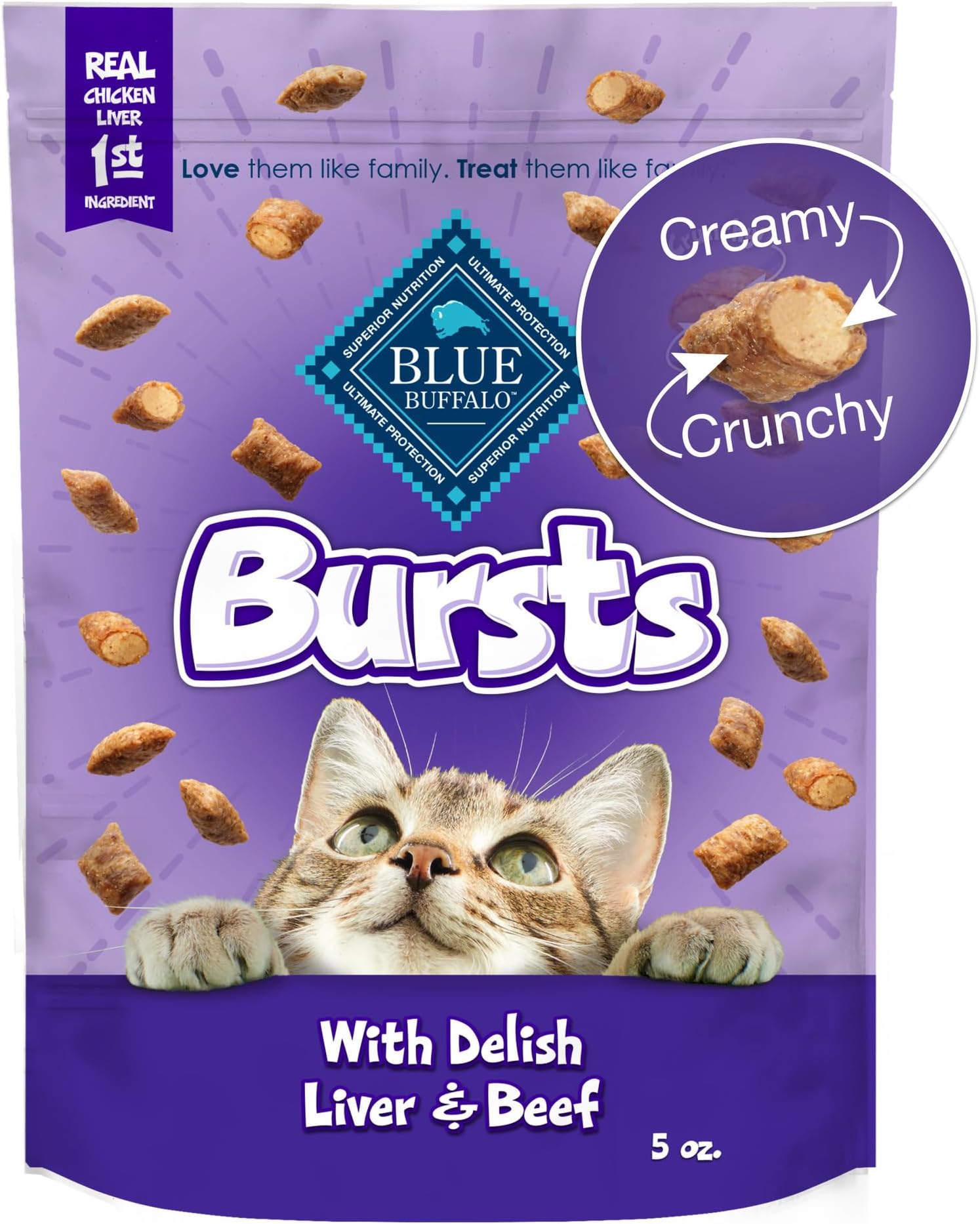 Blue Buffalo Bursts Crunchy & Creamy Cat Treats, Great for Training, Delish Liver & Beef, 5-oz Bag