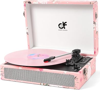 Vinyl Record Player Bluetooth with with Built-in Speakers, Vintage Portable Suitcase Turntable with Floral Design, 3-Speed Vinyl Phonograph with RCA/USB/LED Display, Pink