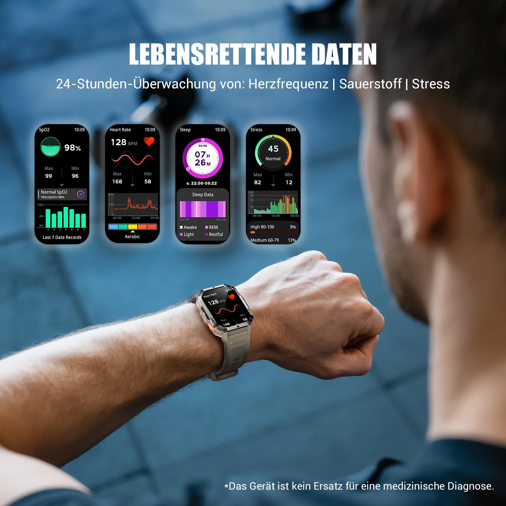 IOWODO Militär Smartwatch Herren 2,01 Zoll | LED Taschenlampe & Kompass | 900mAh/100 Tage Standby | 2 Armbänder | Bluetooth Anrufe | 100+ Sportmodi | IP68 Wasserdicht | 24/7 Gesundheitsmonitor