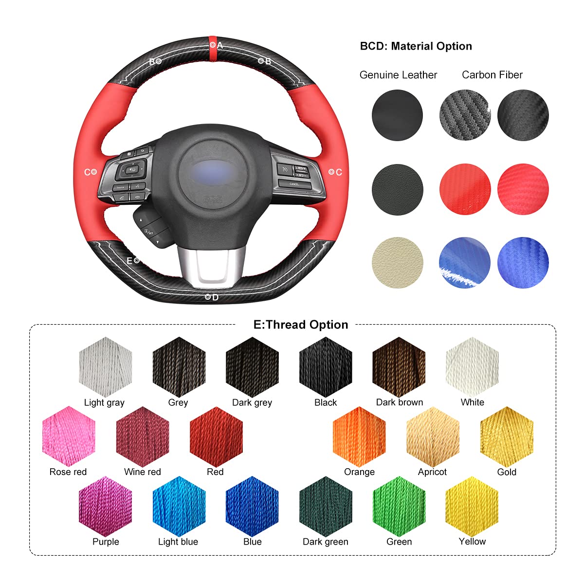 MEWANT Funda para volante de coche de fibra de carbono brillante negra + funda de cuero de microfibra roja para volante de coche para Subaru WRX (STI) 2015-2019 / Levorg 2015-2019/WRX accesorios