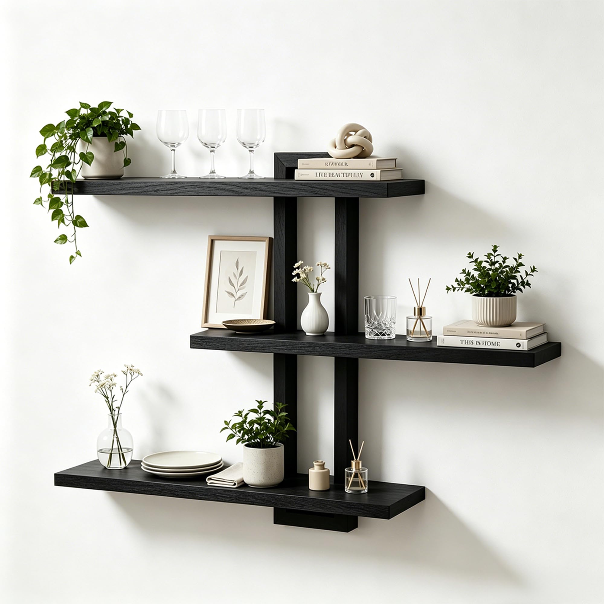 Wandregal Schwarz, großes Hängeregal aus Massivholz mit 3 Ablagen, 50 × 58 cm | Modernes Schweberegal zur Wandmontage für Wohnzimmer, Schlafzimmer, Bücher, Pflanzen und Deko