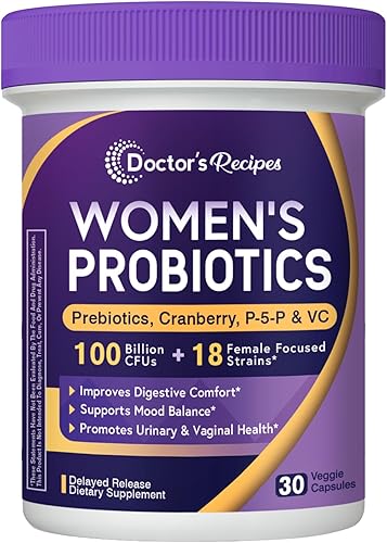 Doctor's Recipes Probióticos para mujeres, 100 mil millones de UFC, 18 cepas probióticas, prebióticos, arándano, P-5-P y VC, vaginal, digestivo,