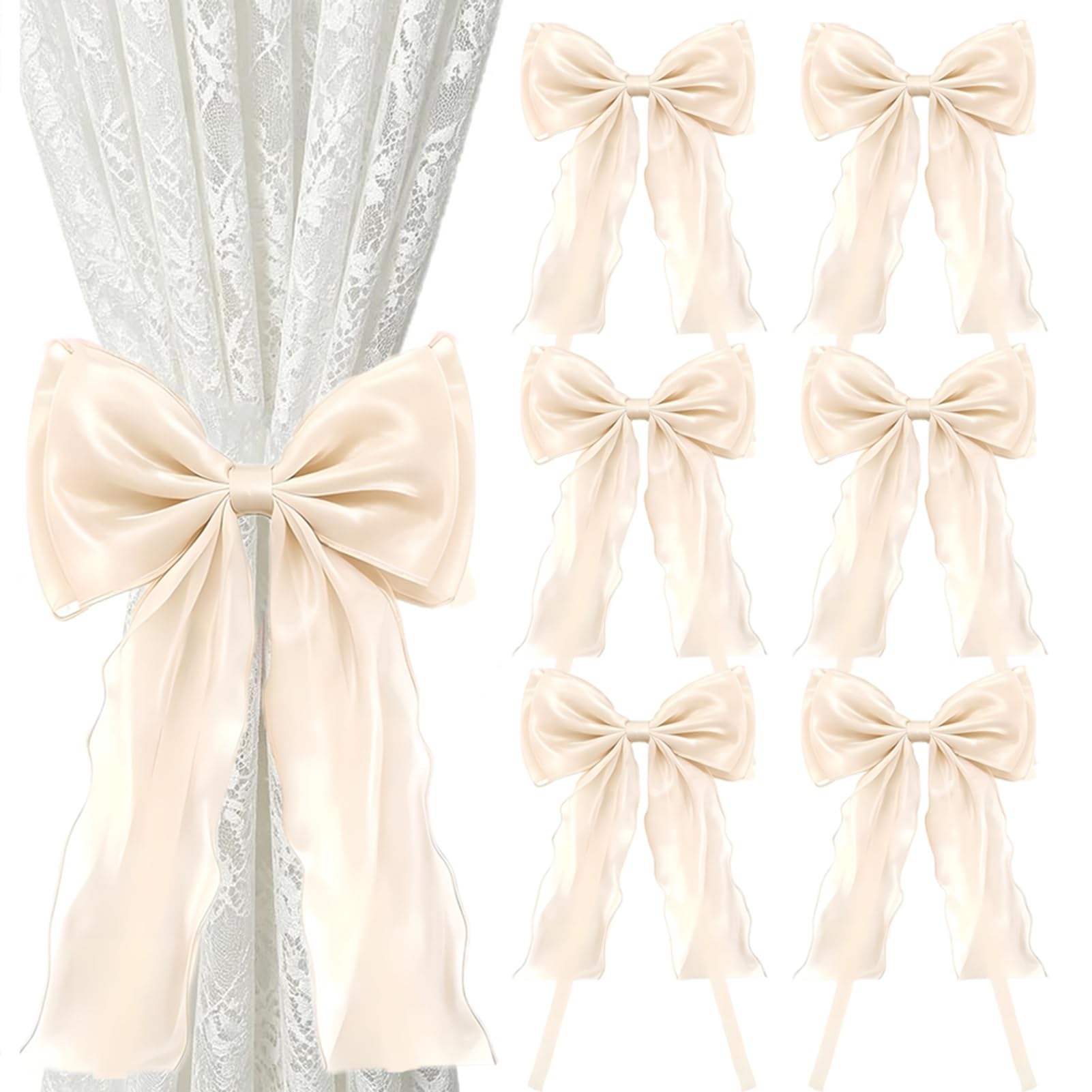 French Bow Curtain Tiebacks, Silky Ribbon Bowknot Curtain Holdbacks, for Sheer Curtains, Decorative Curtain Accessories (6 Pack)(White)