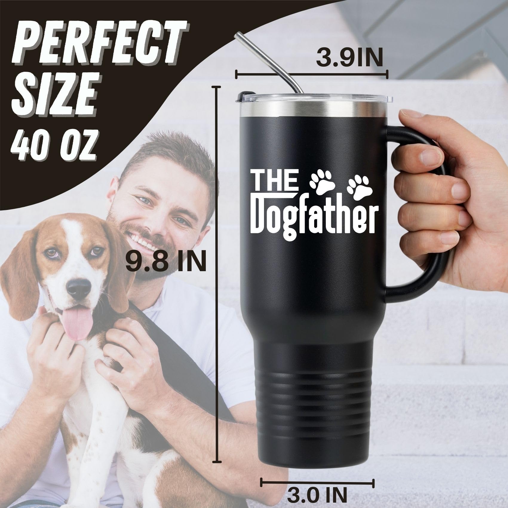 Onebttl The Dogfather - 1180ml Stainless Steel Travel Mug Tumbler With Handle, Lid and Straw for Dog Dad Lover, Owner - Black - Image 3