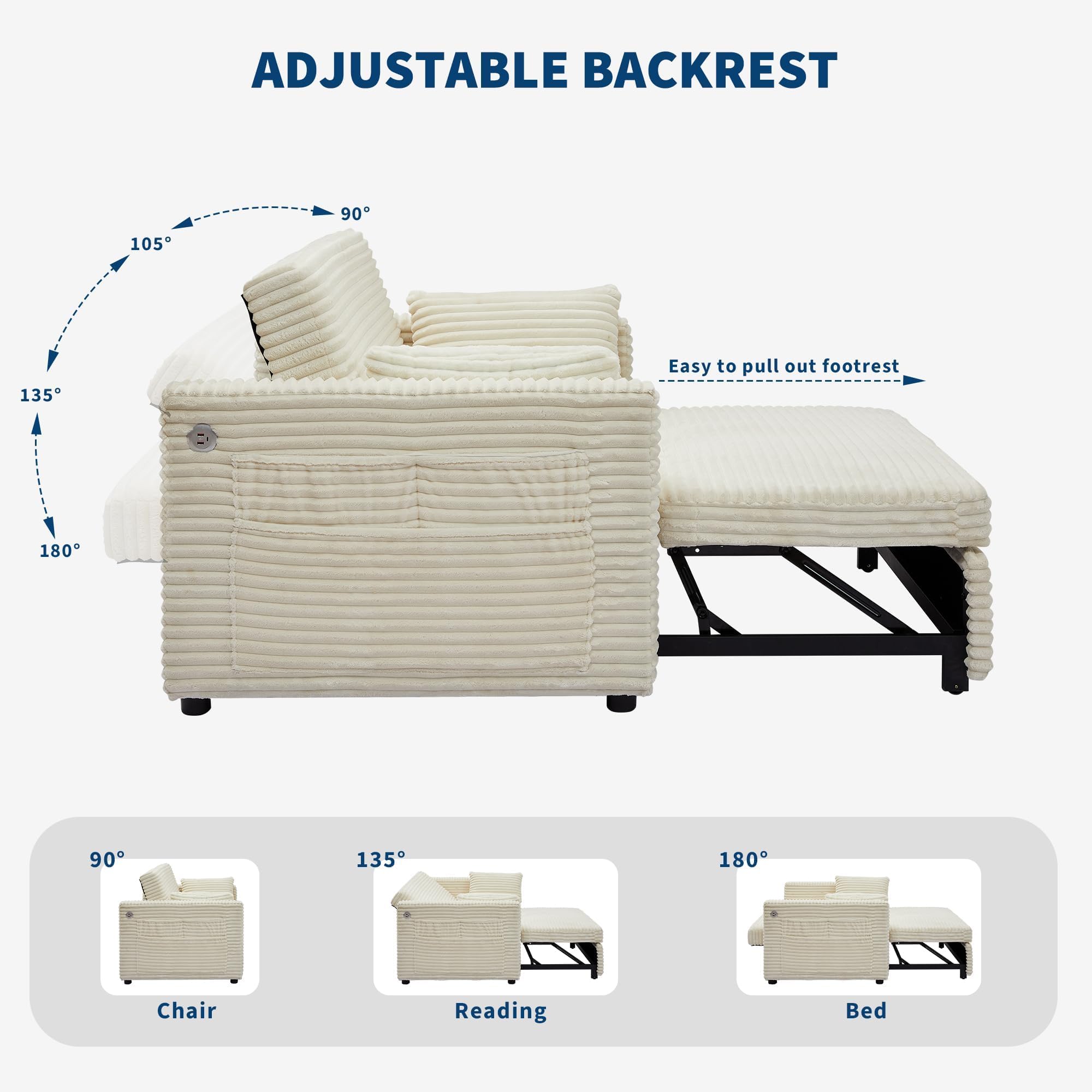 Garvee Multifunktionales Cord Schlafsofa mit Schlaffunktion – Ausziehbares 2-Sitzer Sofa – Verstellbare Rückenlehne, integrierte Ladestation & Seitentasche – Für Wohnzimmer, Schlafzimmer, Apartment –