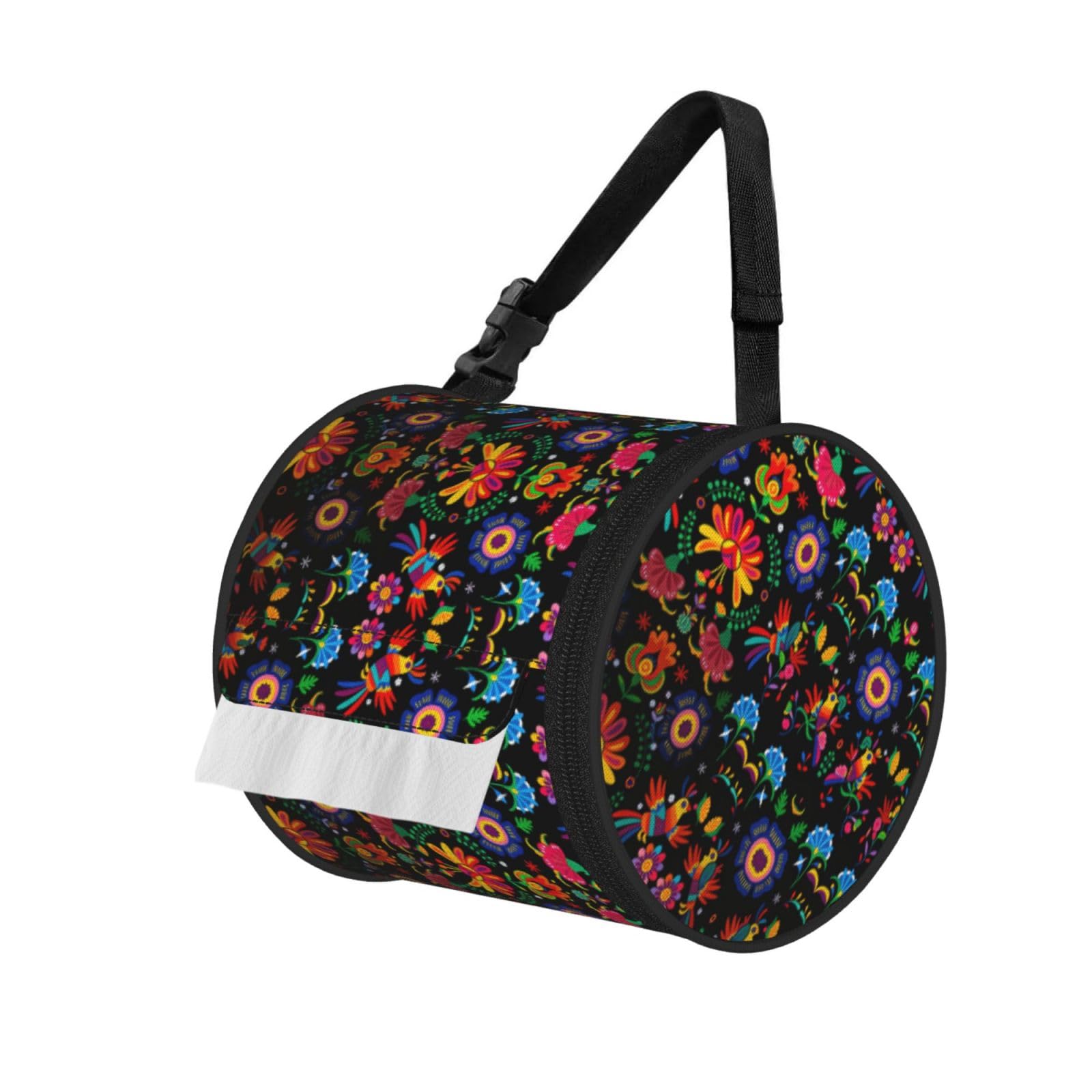 Mexican Carnival Print Round Tissue Dispenser Bag With Carry Strap, Portable Roll Holder For Car Travel Home