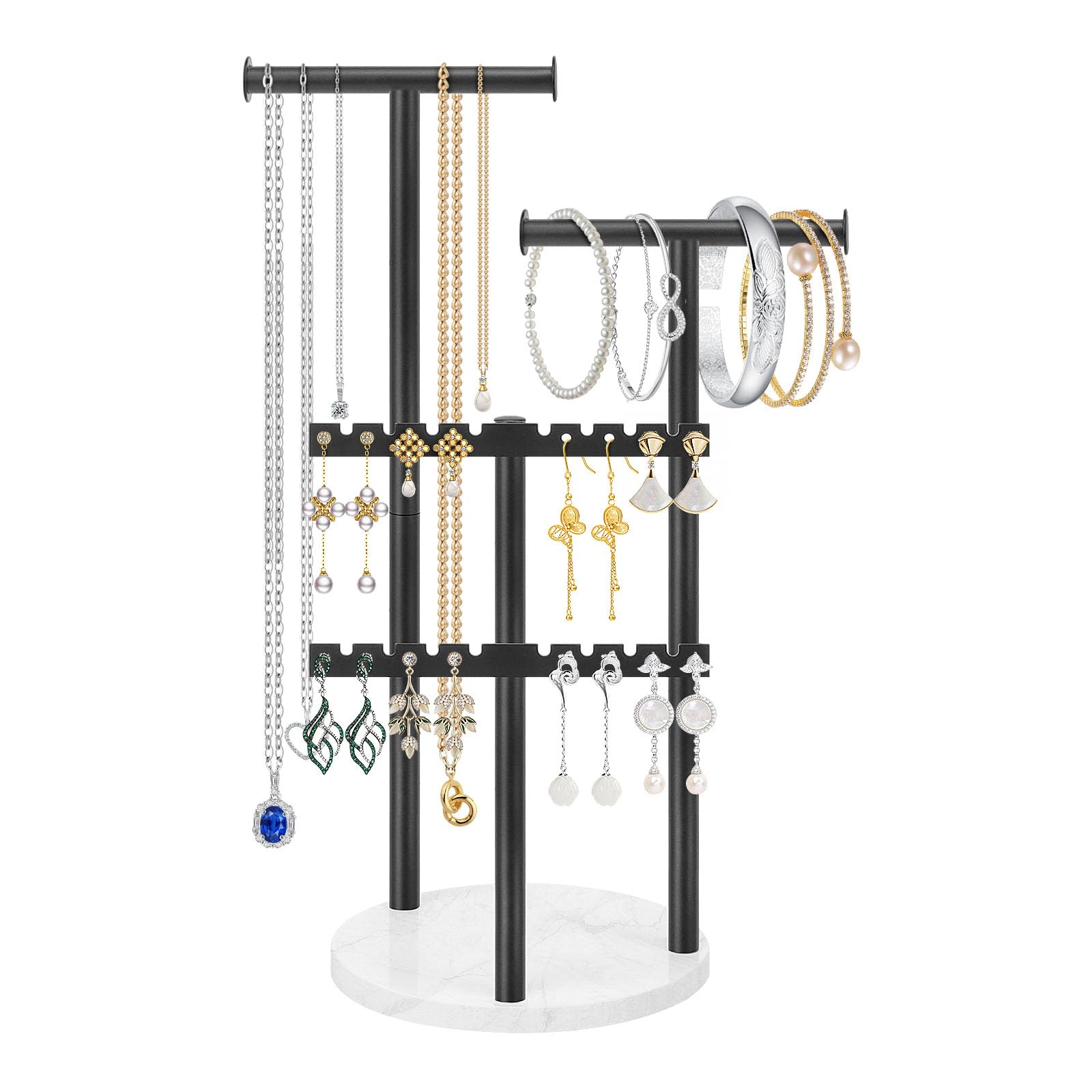 Jeasor Jewelry Organizer Stand, 4-Tier Jewelry Display Storage Stand for Necklace, Earring, Bracelet, Metal Necklace Holder Stand for Home Décor, Jewelry Stand with Marble Base (Black, 13.38 Inch)