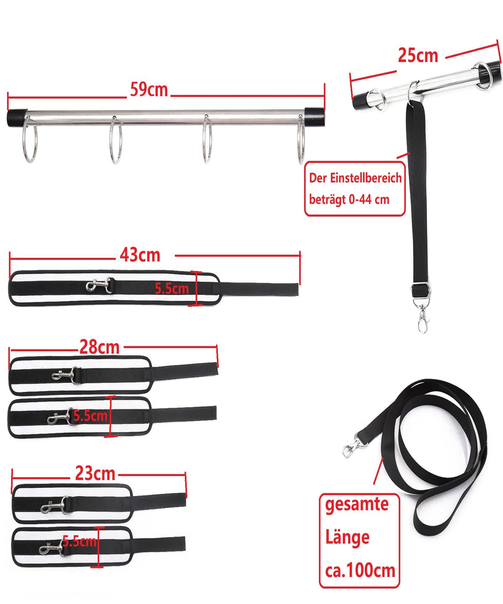 BAOMAZ4 Barre d'écartement en acier inoxydable Menottes mains et pieds Barre d'entrave Réglable Écarteur de jambes avec système de collier de serrage Torture Esclave Fétiche Ensemble de (SET)