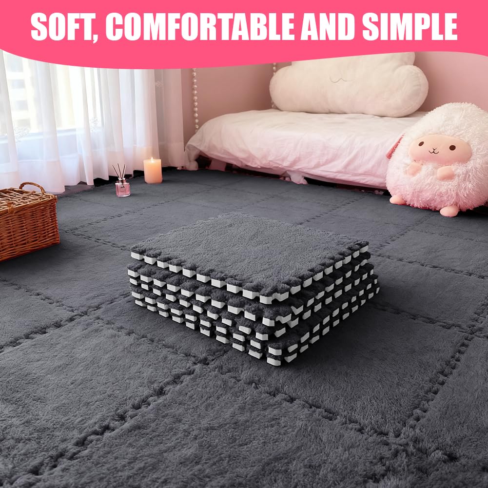 12 Stück Teppichboden Schaumstoffmatte, Plüsch Teppichfliesen, Ineinandergreifender Wohnzimmer Memory Foam Teppich (Schwarz)