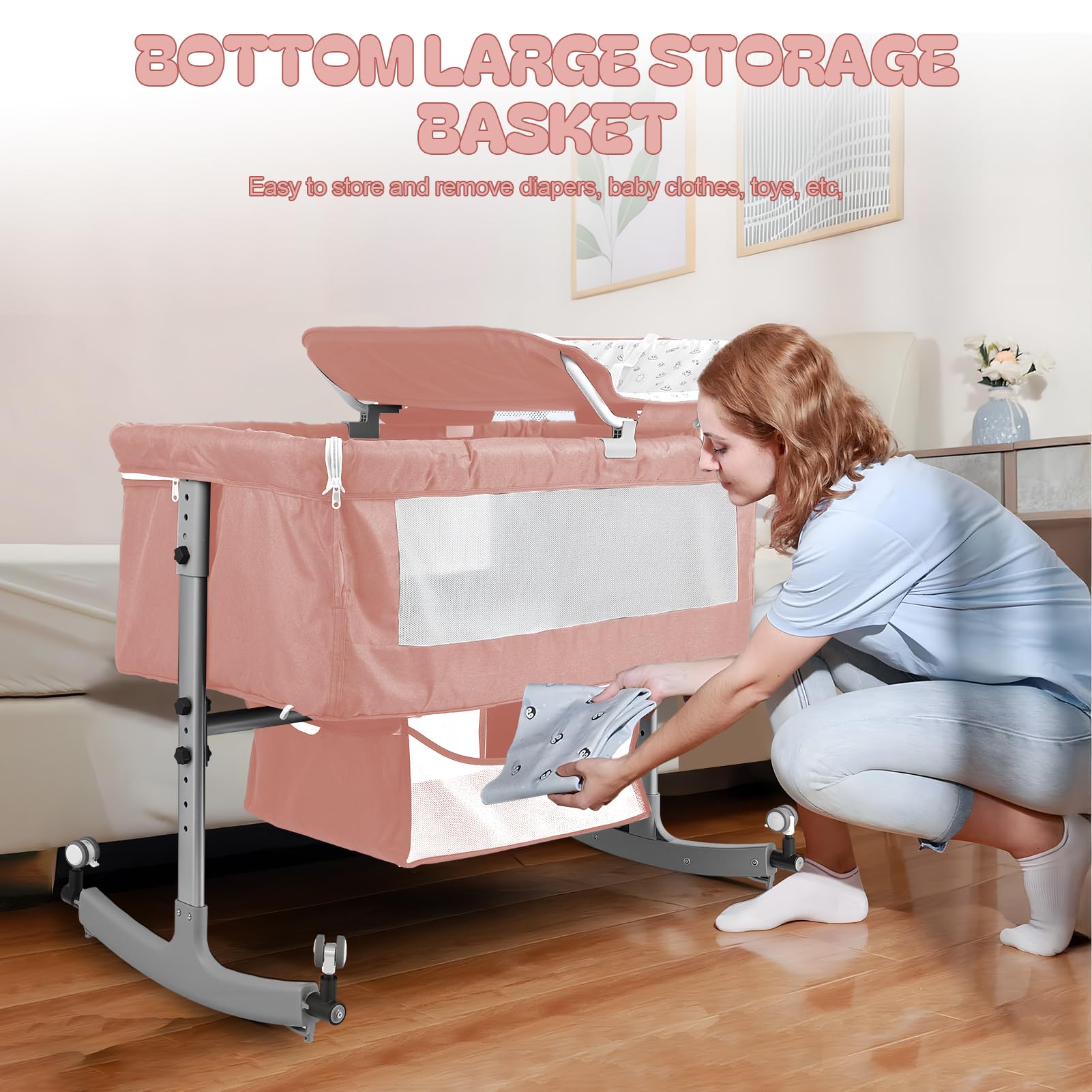Lit bébé 4 en 1 Cododo réglable Hauteur Berceau Bascule avec Table à Langer Moustiquaire Rangement Rose