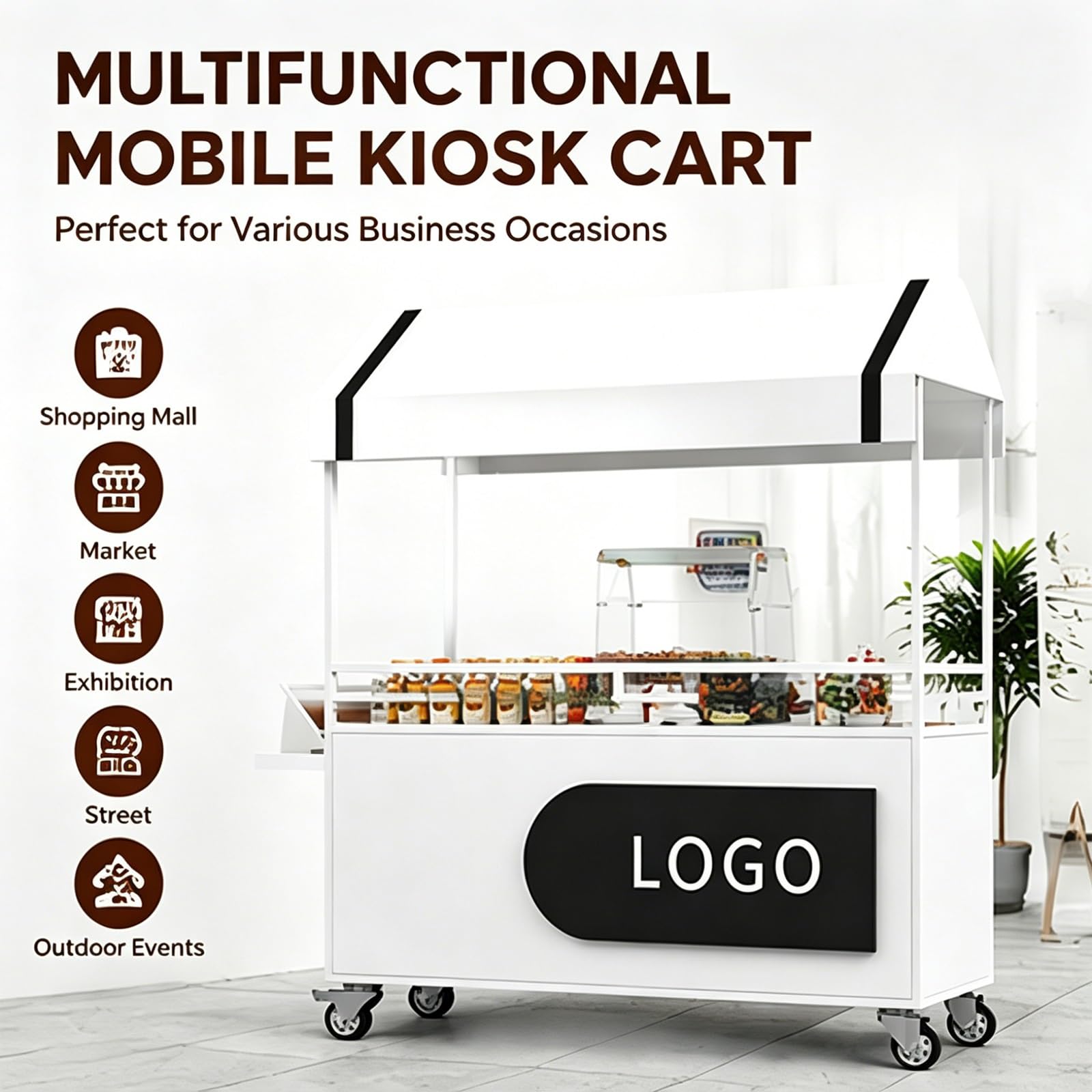 Carro de Venta Ambulante con Ruedas Giratorias de 360° y Toldo, para Mercados de Agricultores, Festivales, Playas, Eventos Al Aire Libre y Mercados Callejeros(Yellow,120x60x190cm/47x24x75in)