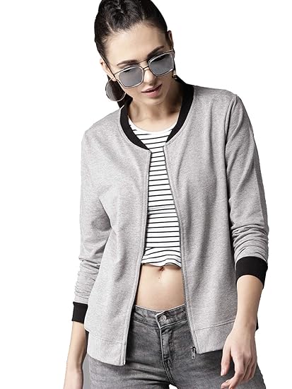 Plain Grey Black Stylish Sweatshirt Jacket for Women (Grey Black)