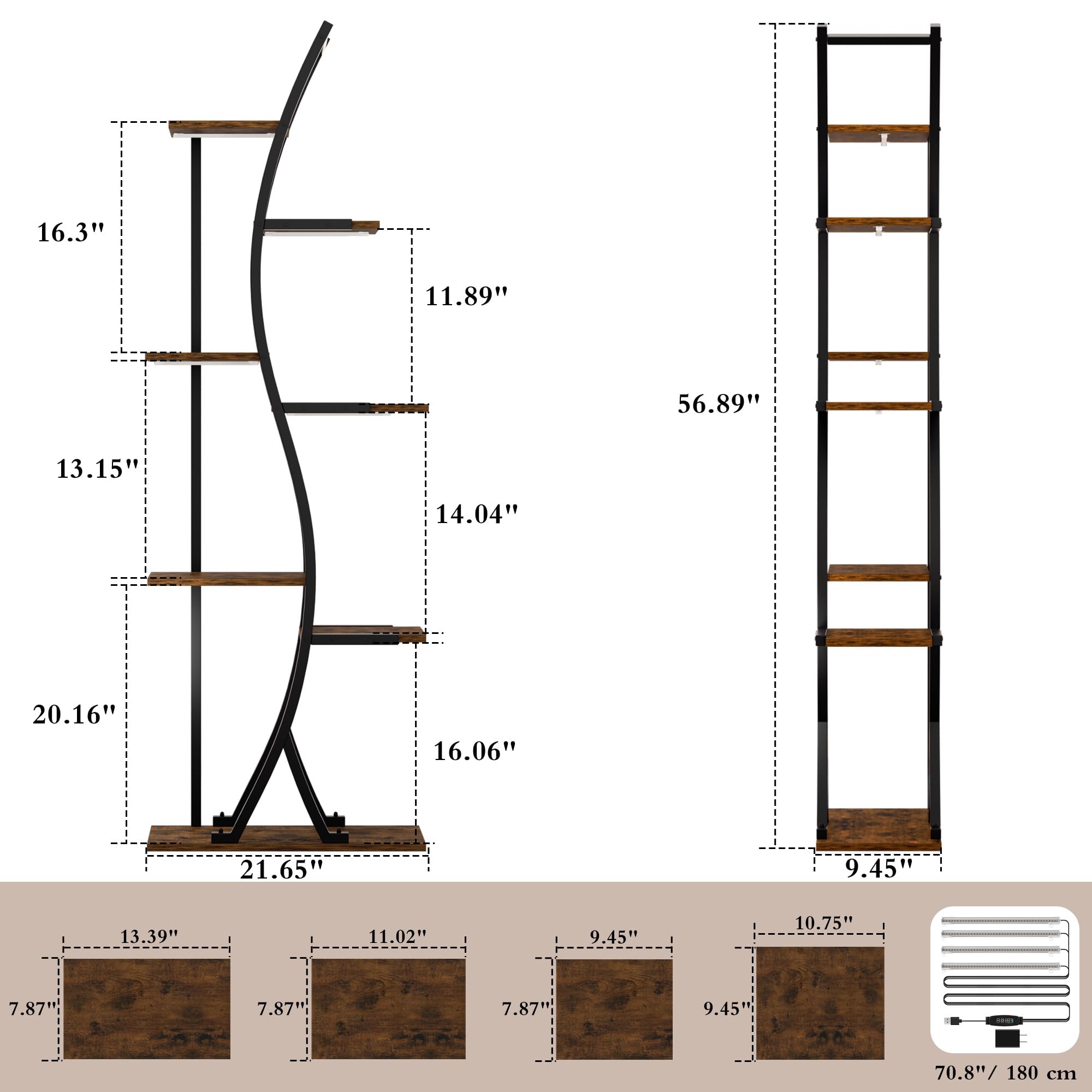 Stojak na rośliny 142 cm do użytku wewnątrz z lampkami do uprawy, 7-poziomowa, wysoka, metalowa półka na rośliny