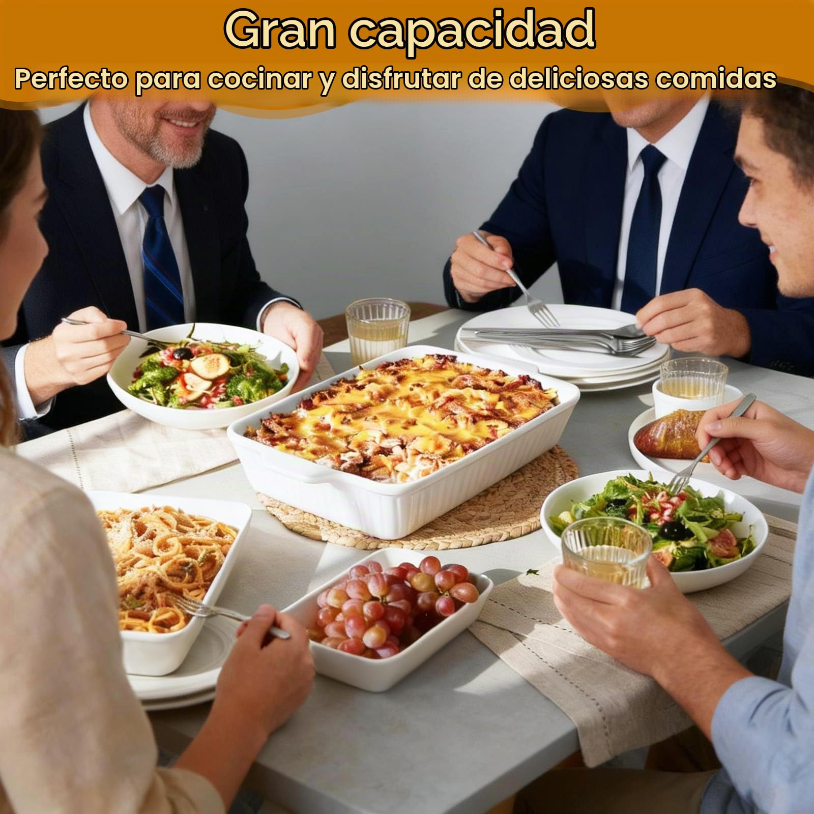 3.8L Fuente Horno Cerámica Blanco con Mango Anti-Calor, 38x23x7.3cm Bandeja de Porcelana Multifuncional Apto Lavavajillas, Freezer y Microondas para Gratinar Lasaña, Guisos y Postres