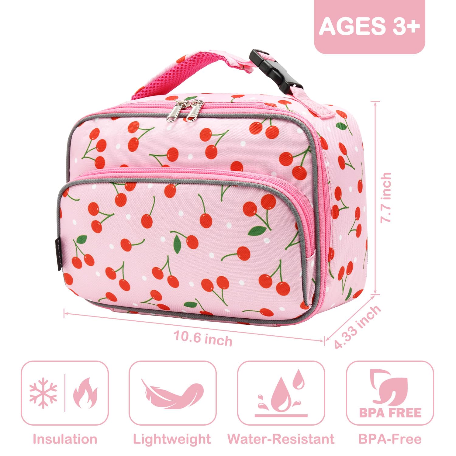 Sac à déjeuner isotherme souple pour enfants, sac isotherme pour la rentrée scolaire, sac fourre-tout pour filles, garçons (cerise)