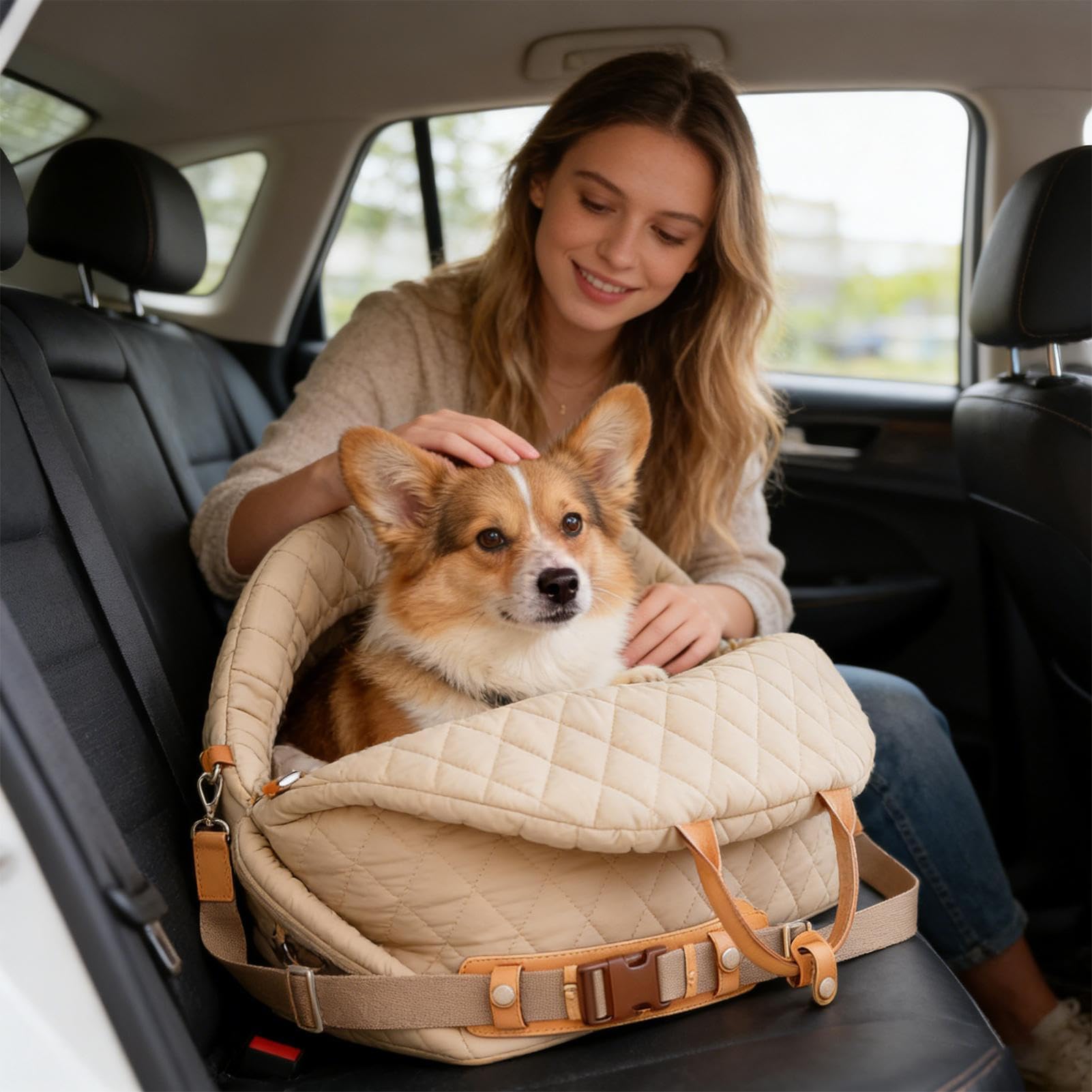Autositz für Hunde Wasserdichte Softtasche mit Griffen | Welpen-Autositz und Hundetransportbox für kleine Haustiere Katzen PKW SUV Fahrzeug Reise Outdoor Camping Urlaub