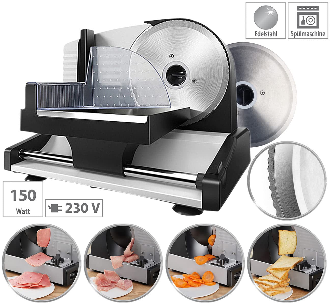 Rosenstein & Söhne Brotschneidemaschine: Elektrischer Allesschneider mit 2 Edelstahl-Klingen, 1-15 mm, 150 W (Brotschneidemaschine elektrisch, Brotmaschine, Schlitten)