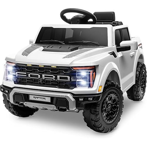 ENYOPRO 12V Licensed Ford F-150 Raptor Electric Car for Kids, Toddler Ride On Truck w/Remote Control, Kids Ride On Toys w/LED Lights, Bluetooth, Radio, Seat Belt, Soft Start, Rear Storage (White)