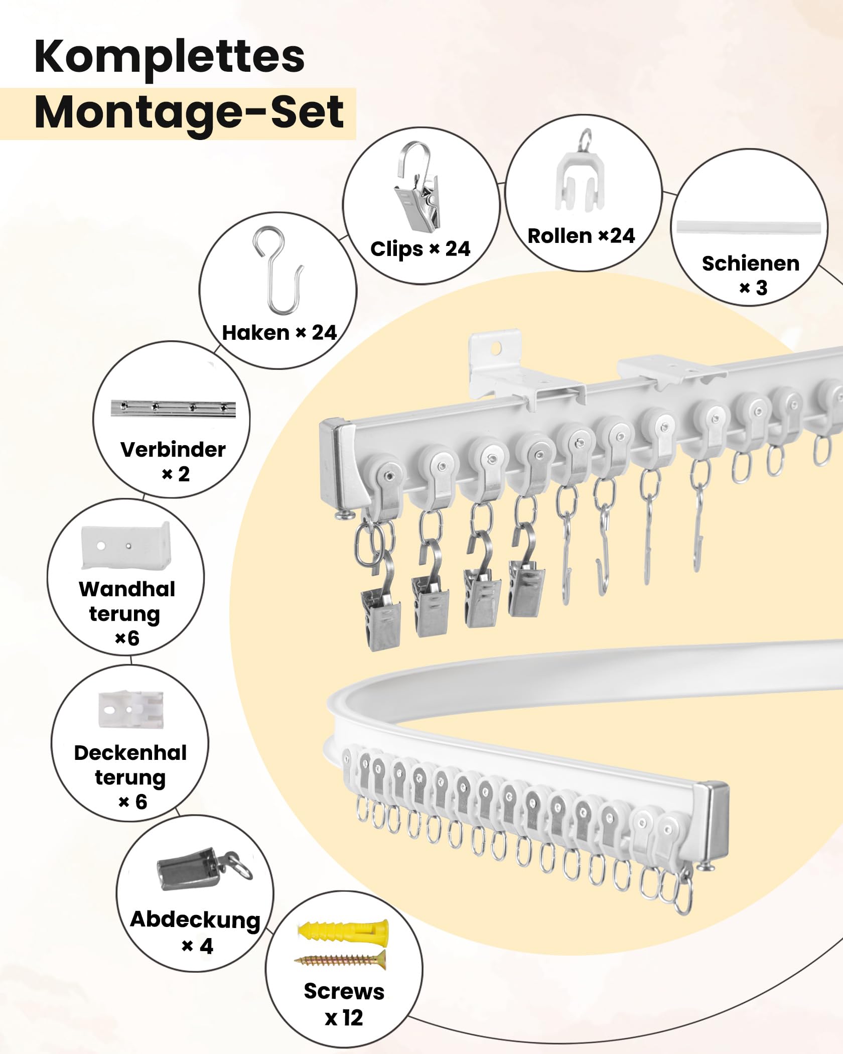 Flexible Vorhangschiene 3m, Biegbare Aluminium Gardinenschienee | Komplettem Zubehör,Wand- und Deckenmontage,Gebogene Schienen für Erker/Zimmer,Aluminium Gardinenschiene Set für Raumteiler