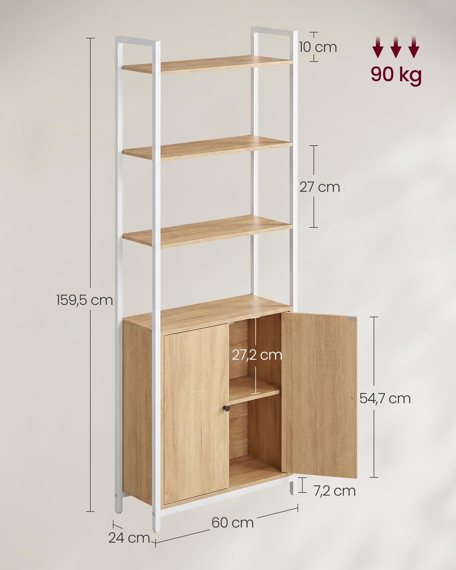 VASAGLE Librería de 6 Niveles, Estantería Vertical con Puerta, Marco de Metal, Estantes Ajustables, para Salón, Dormitorio, 60A, Roble Dorado y Blanco Mate LLS133YA01