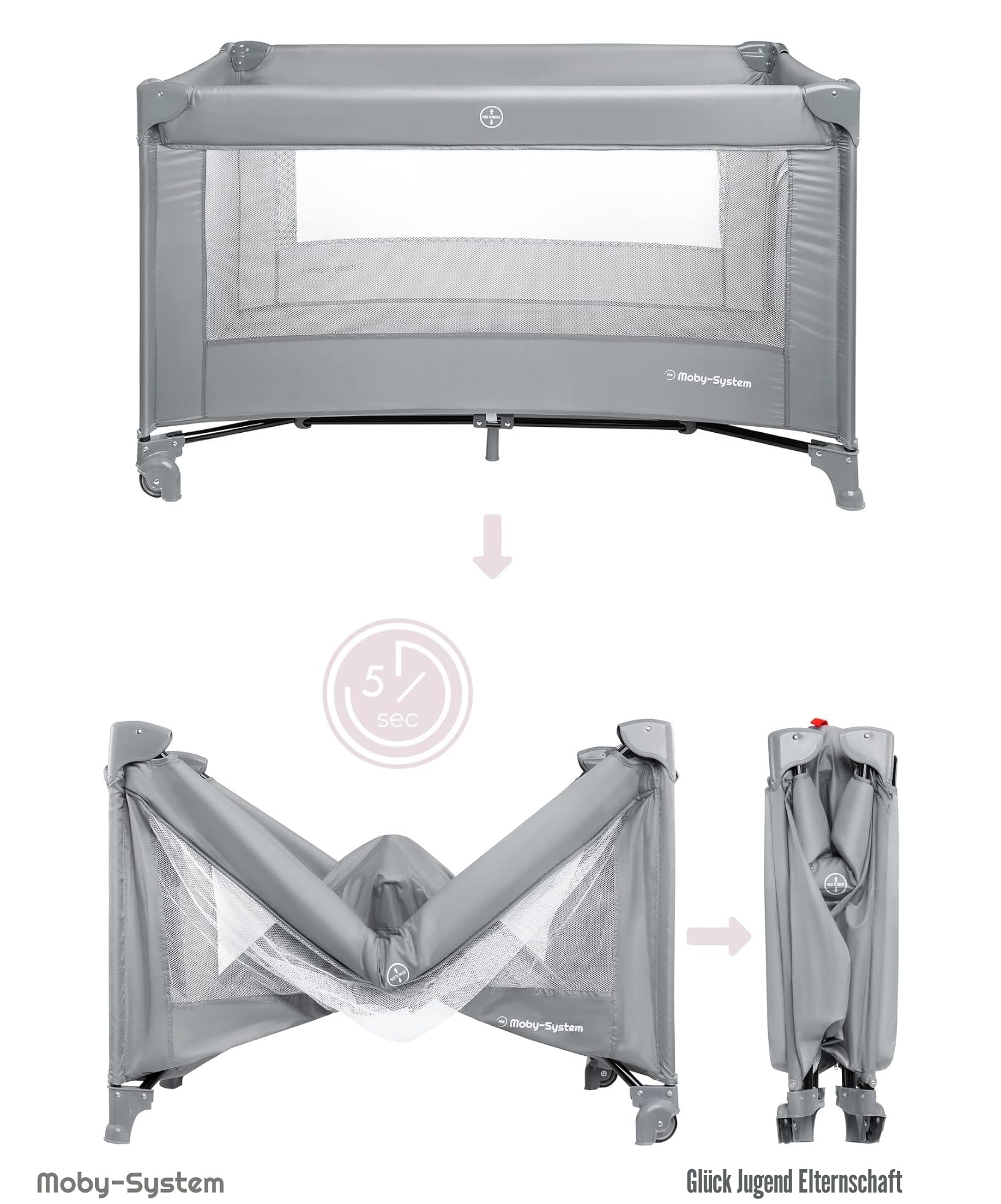 Moby-System Baby Reisebett 128x68 cm – faltbares Kinderreisebett mit Matratze & Tragetasche – Laufstall mit Seitenausgang – für Babys bis 15 kg - Grau