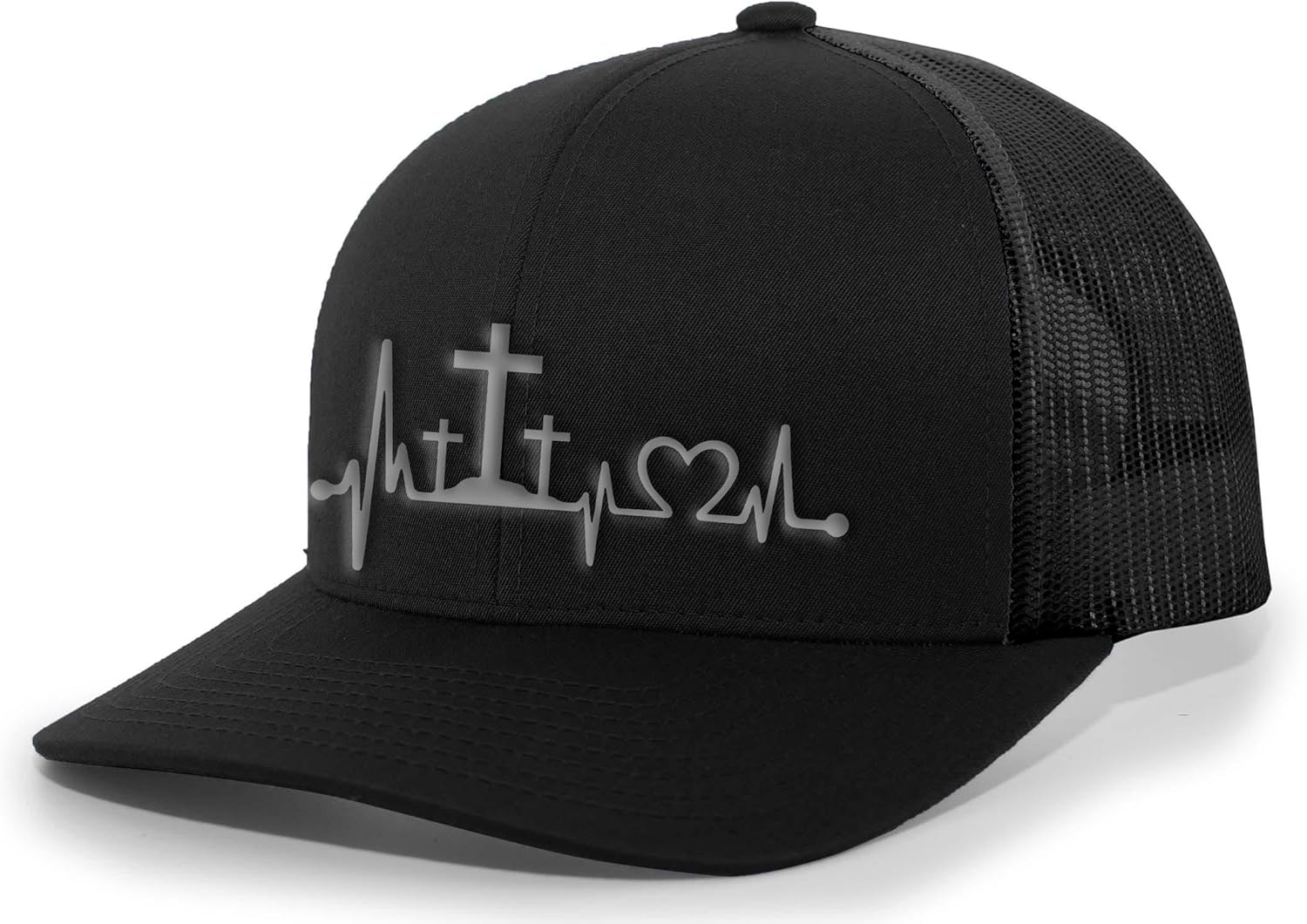 Mens Christian Hat Heartbeat Cross Embroidered Mesh Back Trucker Hat