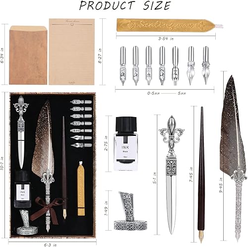 Miniatura 2 de Juego de tinta vintage de pluma con pluma de pluma con bolígrafo de caligrafía de madera, incluye 7 tamaños diferentes de plumas, juego de