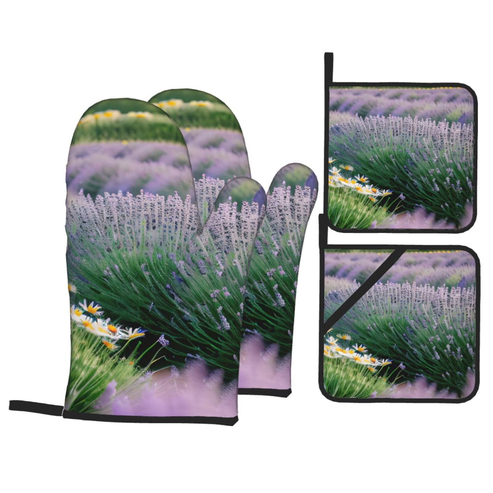 lavender and daisy Print 4-Piece Oven Microwaving Set Waterproof Kitchen Gloves for Baking Grilling Cooking
