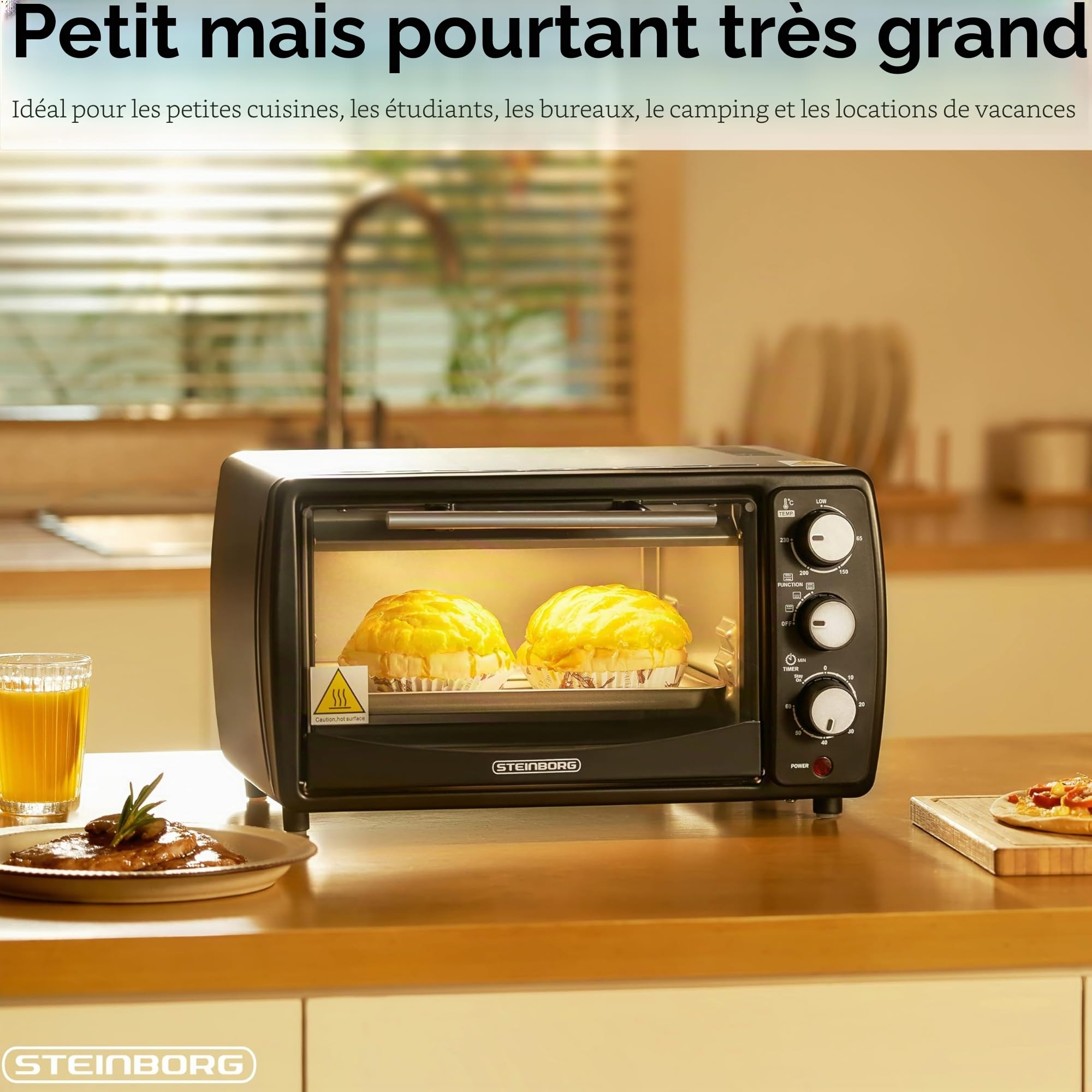 Steinborg Mini four 13 l - Plaque ramasse-miettes - Chaleur supérieure et inférieure - 1200 W - Mini four avec minuteur - Petit four pour le camping ou la maison - Autonome - Réglage en continu de la