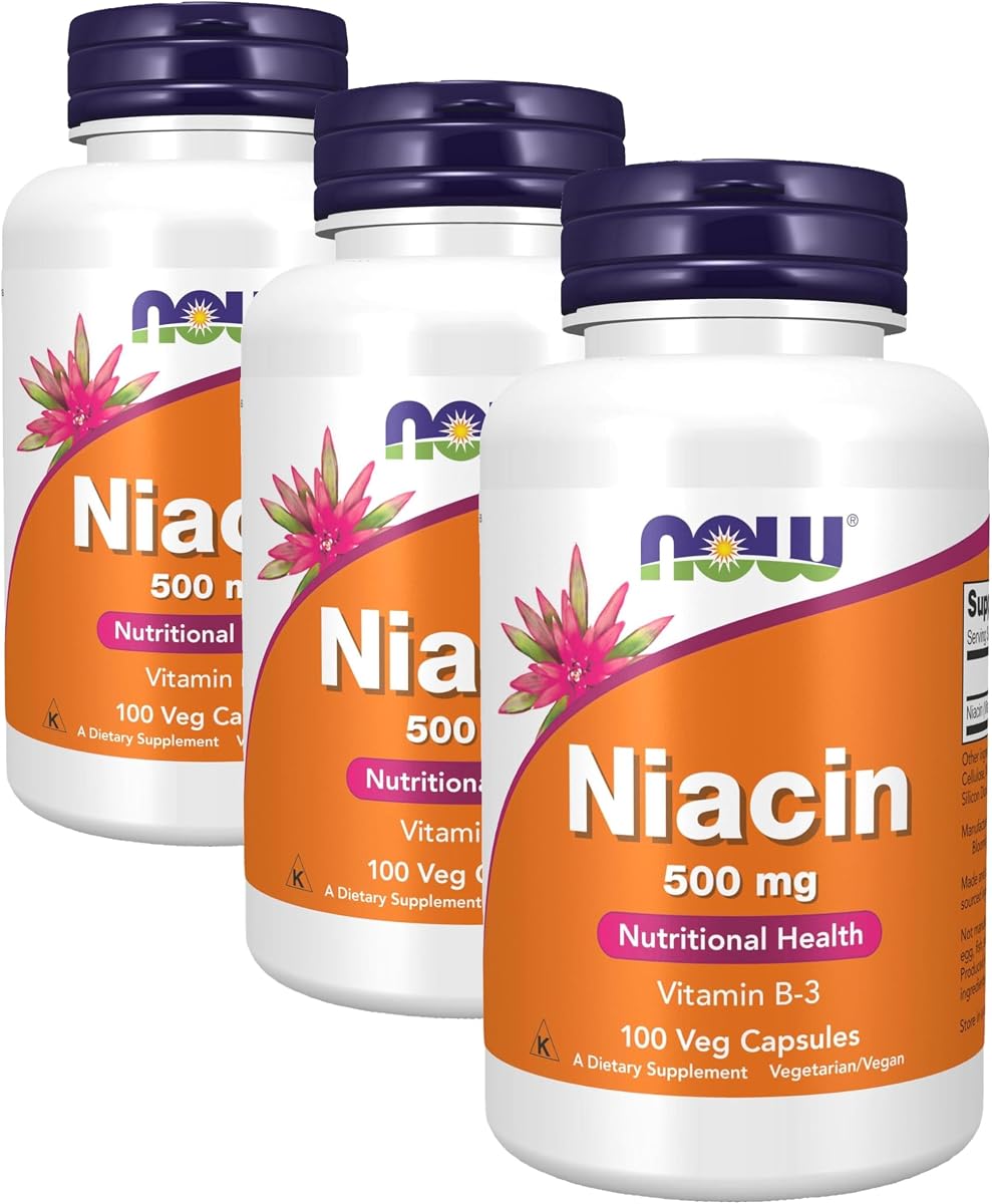 Suplementos NOW, niacina (vitamina B-3) 500 mg, vitamina esencial del grupo B *, salud nutricional, 100 cápsulas (paquete de 3)