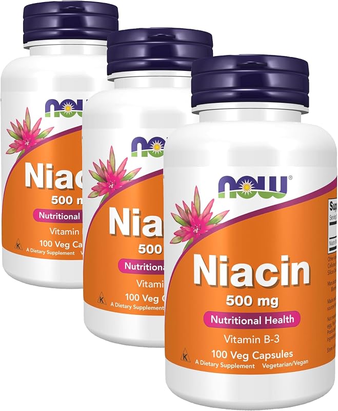 Suplementos NOW, niacina (vitamina B-3) 500 mg, vitamina esencial del grupo B *, salud nutricional, 100 cápsulas (paquete de 3)