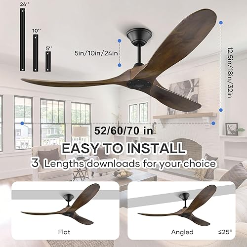 Miniatura 6 de Ventilador de techo negro sin luz, 52 pulgadas, moderno, para interiores y exteriores, 3 aspas, a prueba de humedad, ventilador de techo de madera