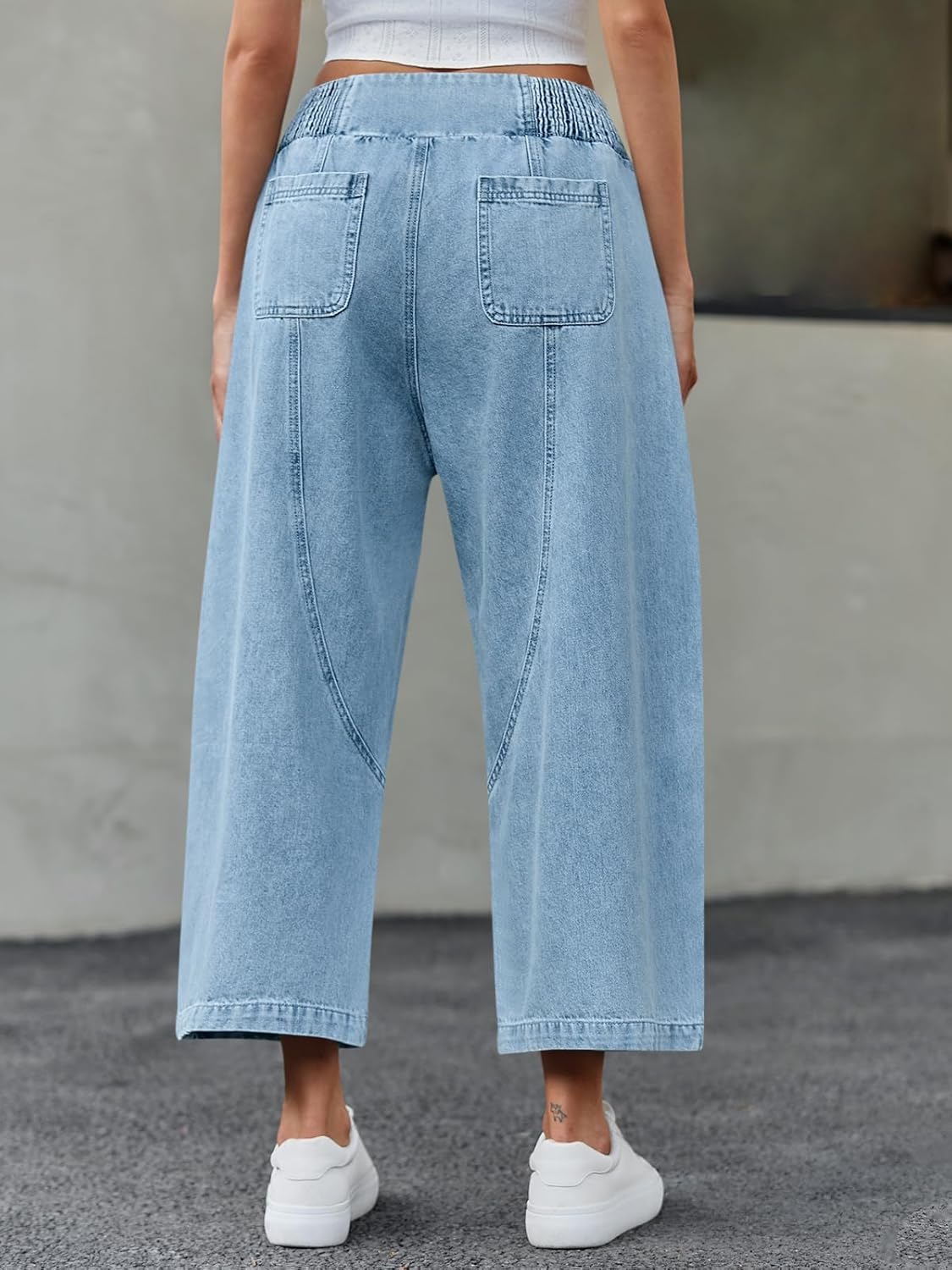 Cicy Bell Womens Wide Leg Cropped Jeans Baggy Boyfriend Smocked Mid Rise Harem Denim Pants - Image 4