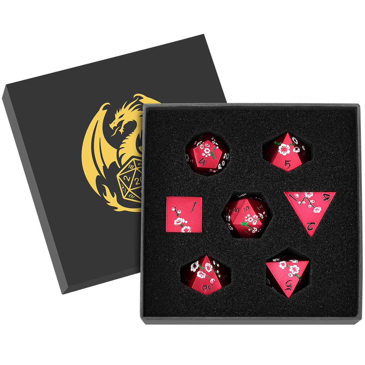 Metal Dice Set, Flat Face White Plum Blossom Pattern, 7pcs Polyhedral Metal DND Dice Set, DND Starter Set, D&D Gifts with Gift Box, Role Playing Board Games Accessories, Red