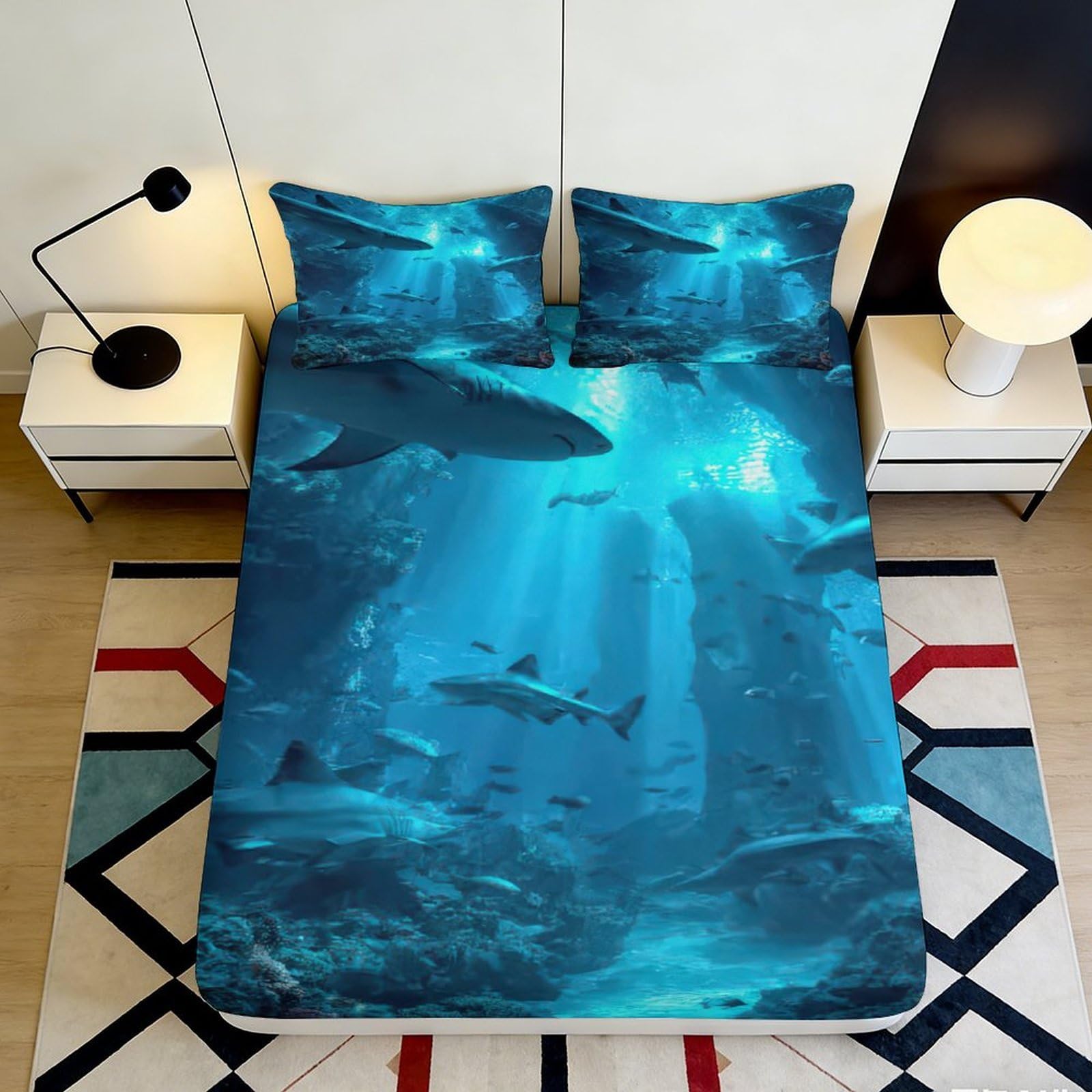 3D Printed Ocean Shark Fitted Sheet Microfiber Blue Underwater World Mattress Cover for Bedroom Guest Room Decor 90x200x25cm