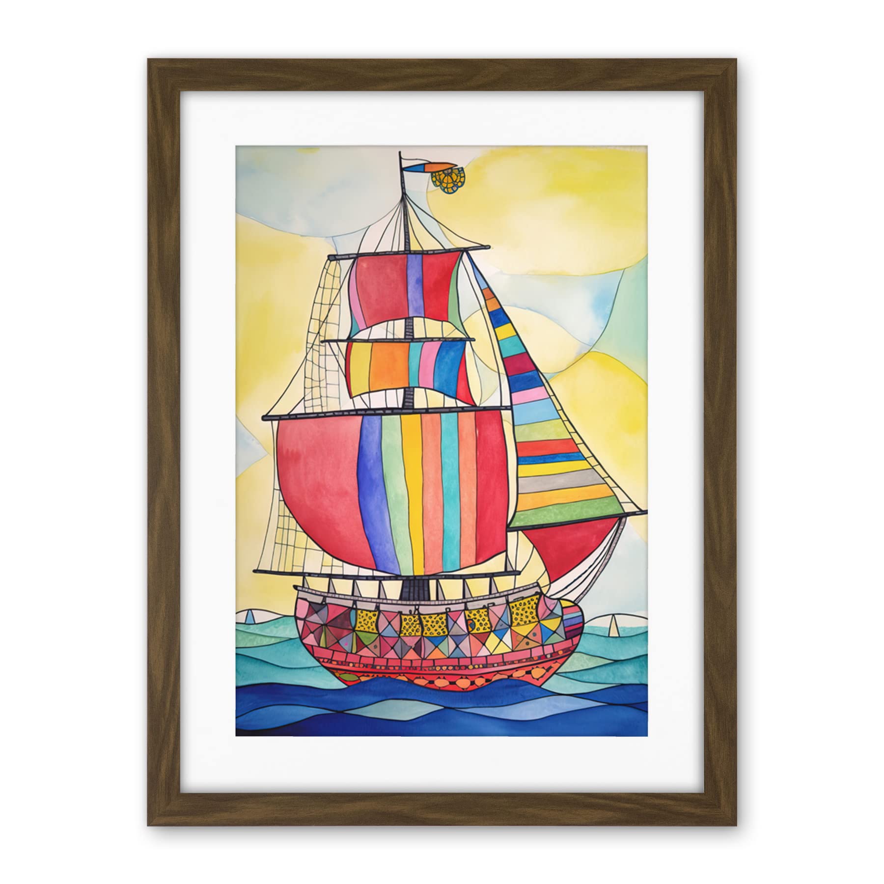 Artery8 Rainbow Colour Sailing Ship Folk Art Artwork Framed Wall Art Print 18X24 Inch