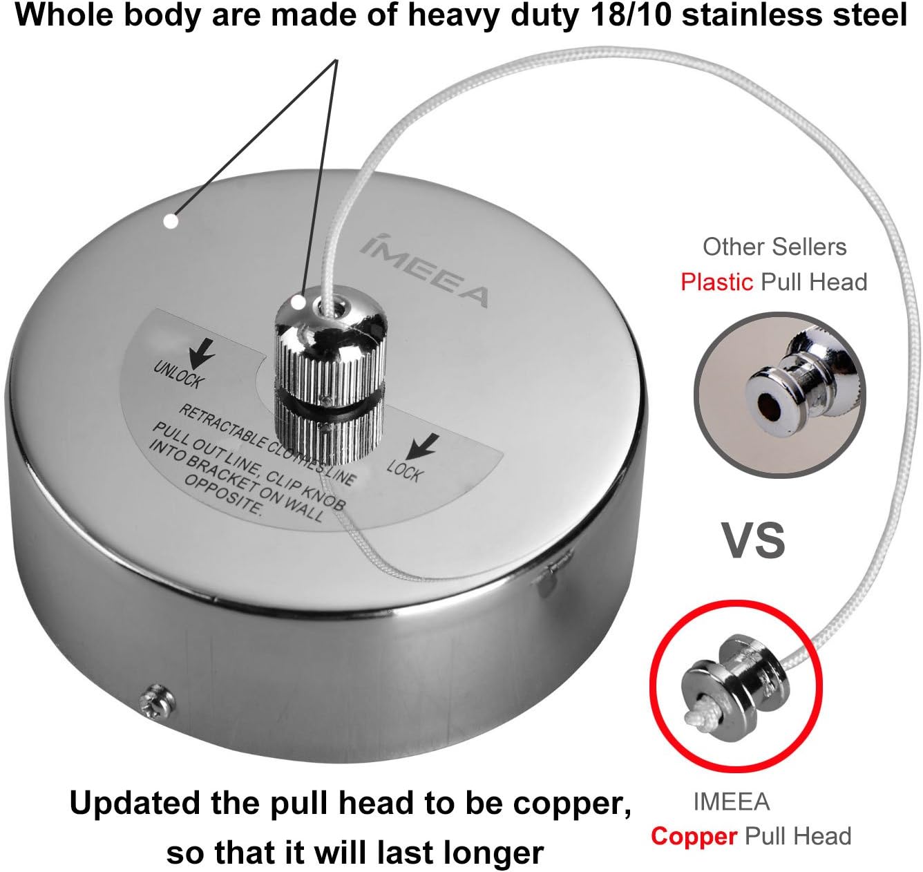IMEEA® 8.2 Feet Length Premium Solid 18/10 Stainless Steel Retractable Clothesline with Copper Pull Head (Screw Driver Included)
