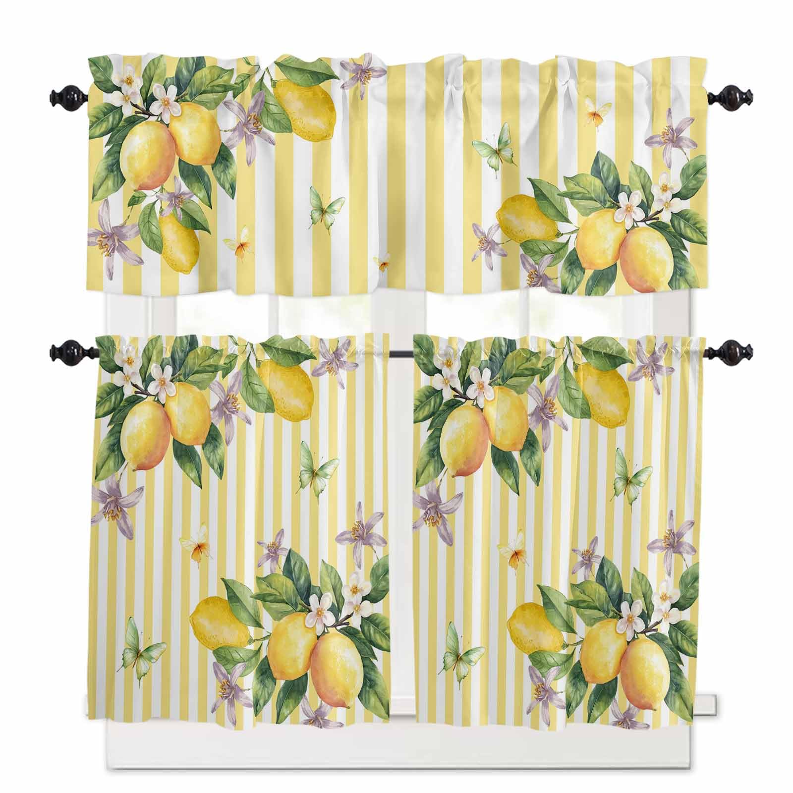 Lemon Flower Kitchen Curtains 36 Inch Length,3 Piece Rod Pocket Small Half Tiers and Valance Set,Yellow Vertical Stripes Butterfly Farmhouse Small Large Window Treatment Decor for Bedroom/Bathroom