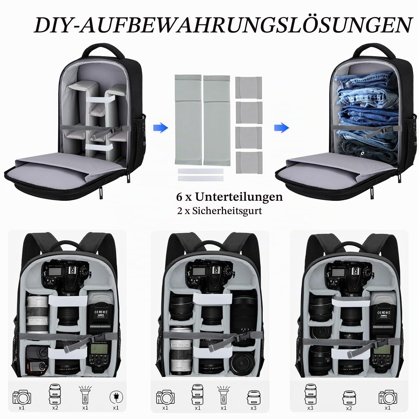 Kamerarucksack Groß, Fotorucksack für DSLR, Spiegelreflexkamera und spiegellose Kamera, Kamera Rucksack 39 x 29 x 19 cm mit Regenhülle, Trennwänden, Laptopfach und Brustgurt, Schwarz