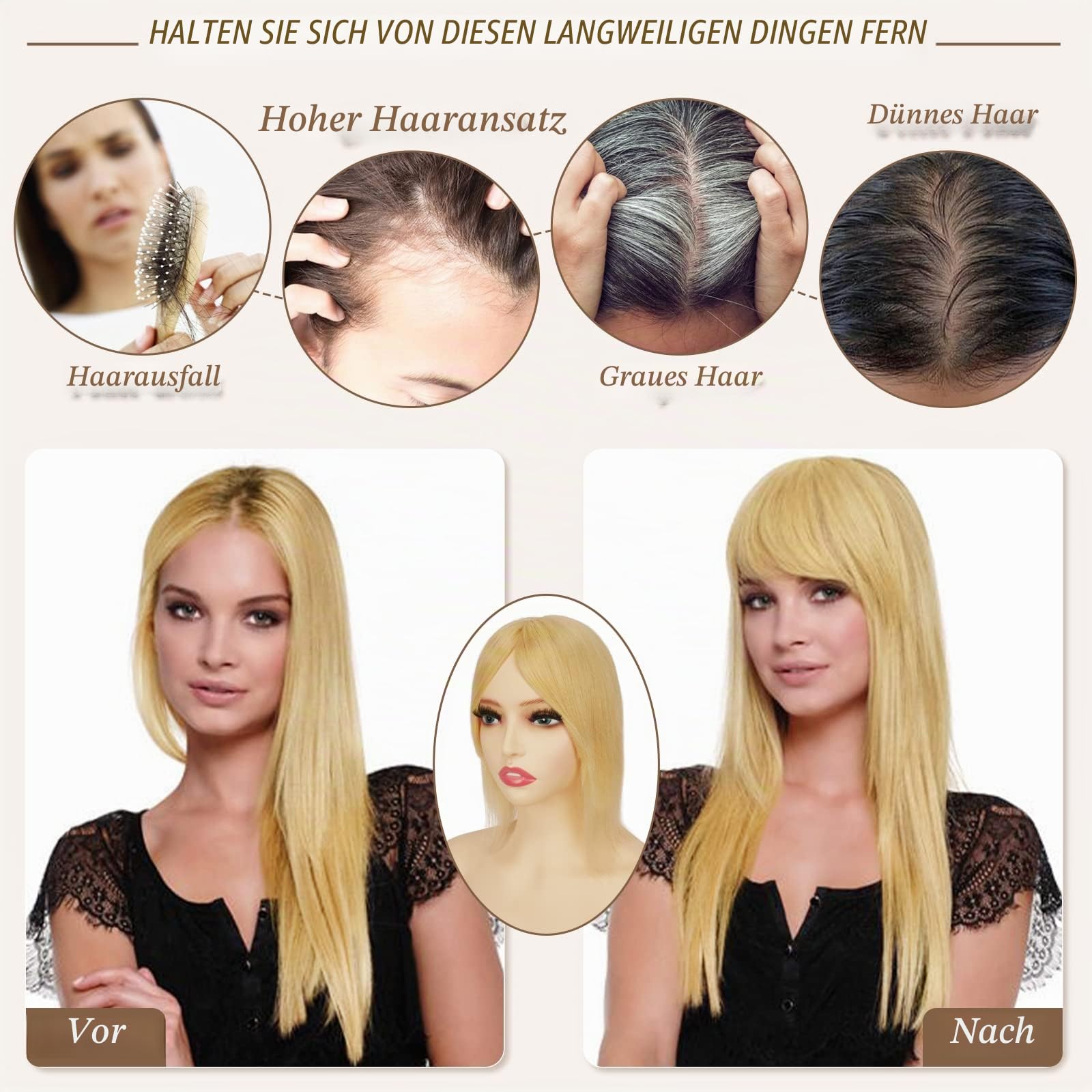 RUWISS Echthaar Hair Topper für Frauen Krone Toppers With Pony Kurze Perücken Haarteile für Dünnes Haar 7.5 * 13CM Silk Base 100% Echtes Menschliches Haar Clip in Topper 35 CM 45g (Natürlich Schwarz)
