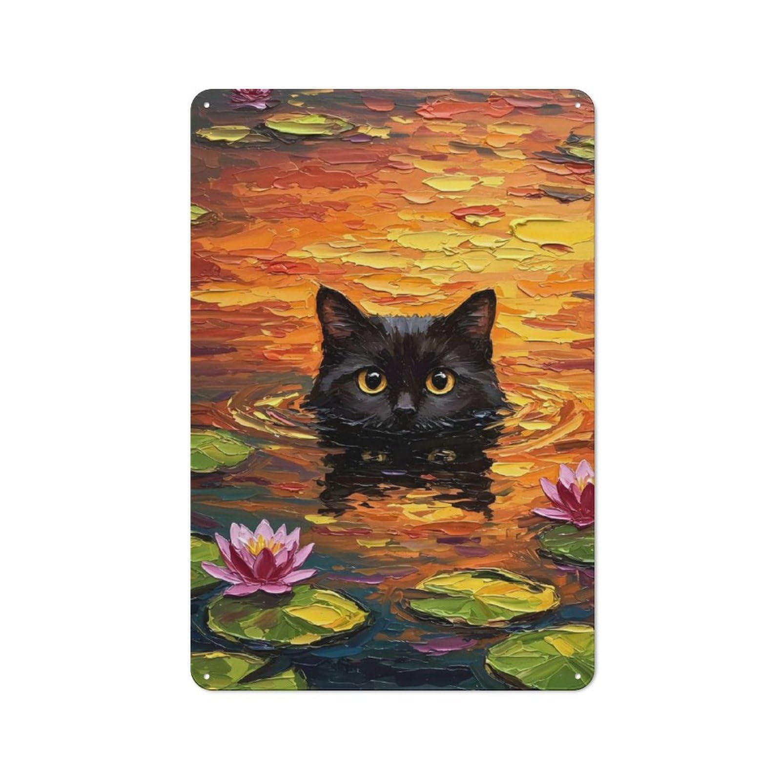 Junmoney Black Cat In Water Lilies Tin Wall Plaque 30X20cm With For Bar Or Restaurant, Housewarming Wall Decor For People Furnishing Bar And Restaurant