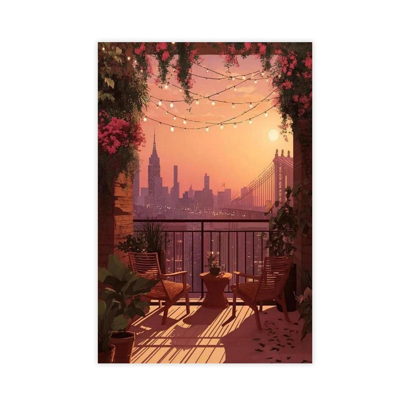 Brooklyn Rooftop Garden, Manhattan View Art Print Canvas Poster Wall Art Decor Print Picture Paintings for Living Room Bedroom Decoration 24x36inch(60x90cm)